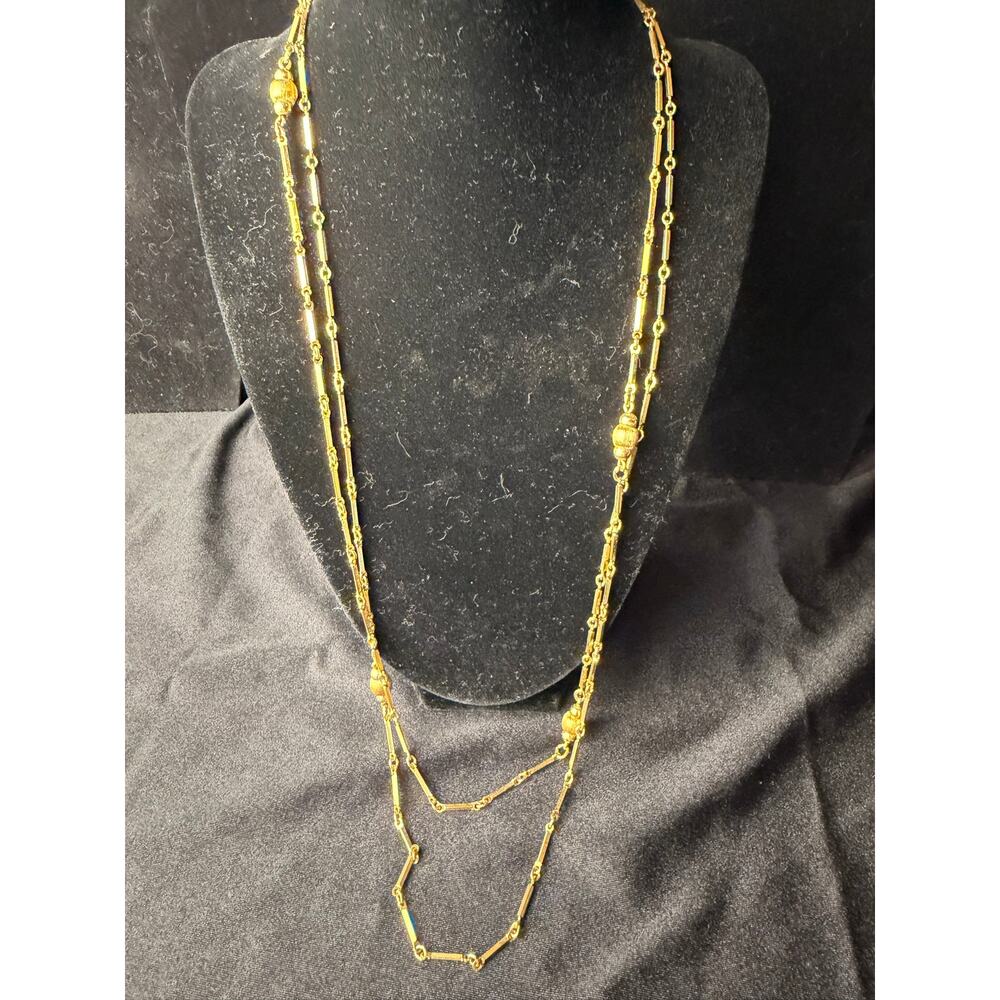 VTG Monet gold-tone textured bar and filigree bead station chain necklace 52”